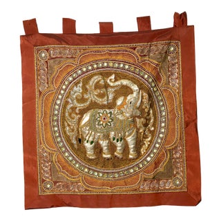 Vintage Burmese Kalaga, Jeweled, Needlepoint, with Sequined Elephant in Red Raw Silk Frame For Sale