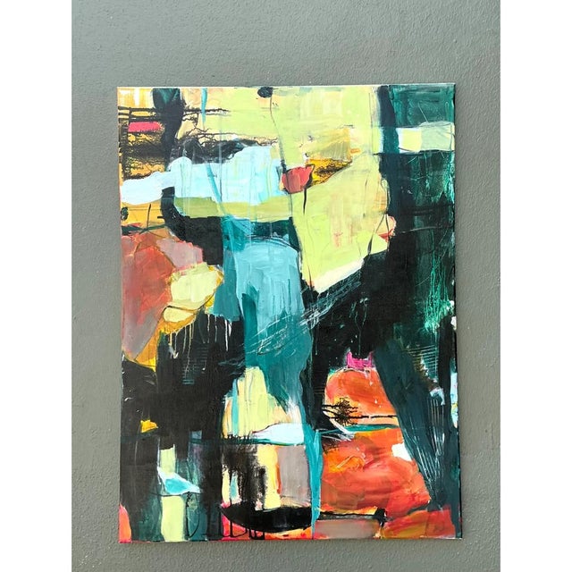 This compelling vintage abstract expressionist oil painting, executed on a tightly stretched canvas and mounted over a...