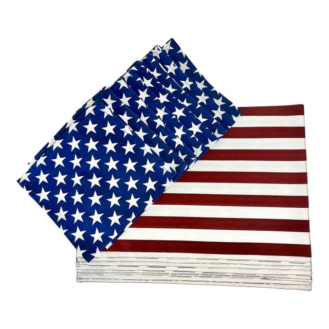 1980s Vintage Americana Arts & Crafts Flag Motif Placemats and Napkins, 8 Place Setttings - Set of 16 - 4th of July For Sale