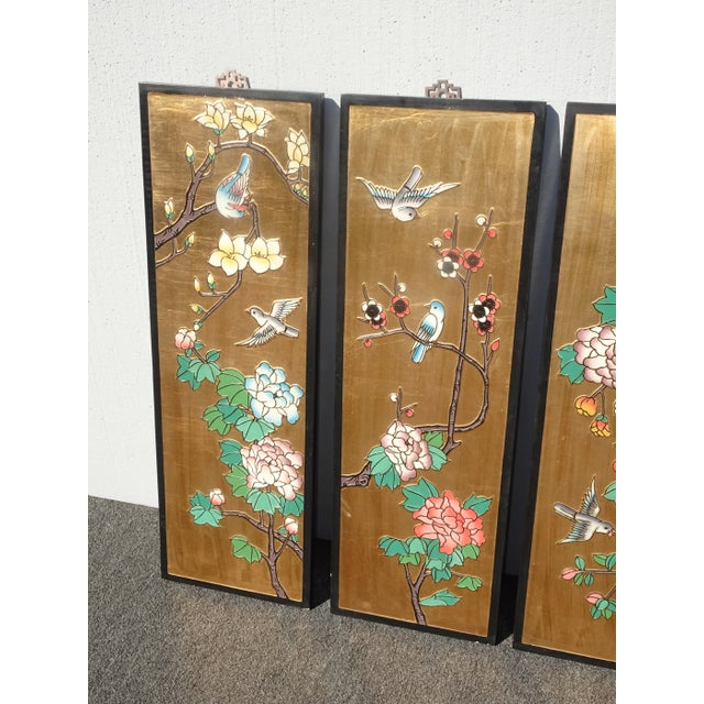 Vintage 1940s Oriental Asian Coromandel Chinoiserie Gold Four Panel Screen with Floral Bird For Sale - Image 4 of 13