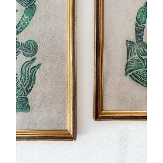 Chinoiserie Pair of Green Framed Thai Rubbing-Style Wall Art For Sale - Image 3 of 4