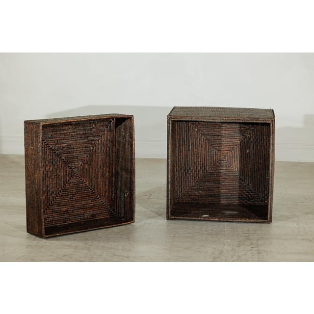 Vintage Square Dark Brown Rattan Basket with Removable Lid and Patterns For Sale - Image 12 of 18