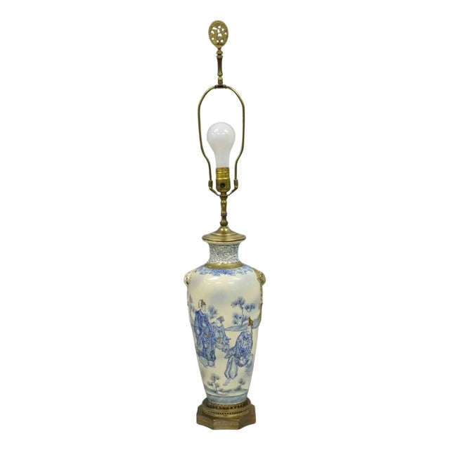 Vintage Japanese Blue White Porcelain Jardinierie Vase Chinoiserie Table Lamp For Sale