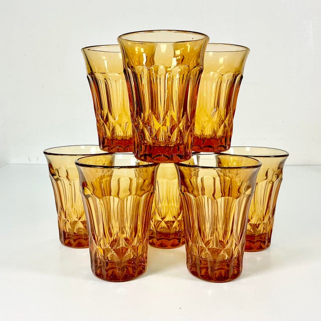 Vintage Indiana Glass Co Art Deco Boho Chic Hollywood Regency Depression Era Amber Tumblers - Set of 8 For Sale - Image 6 of 11