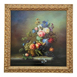 Large Ron Benson Signed Still Life Oil Painting - Floral & Fruit - Ornate Gilt Frame 40×40 For Sale