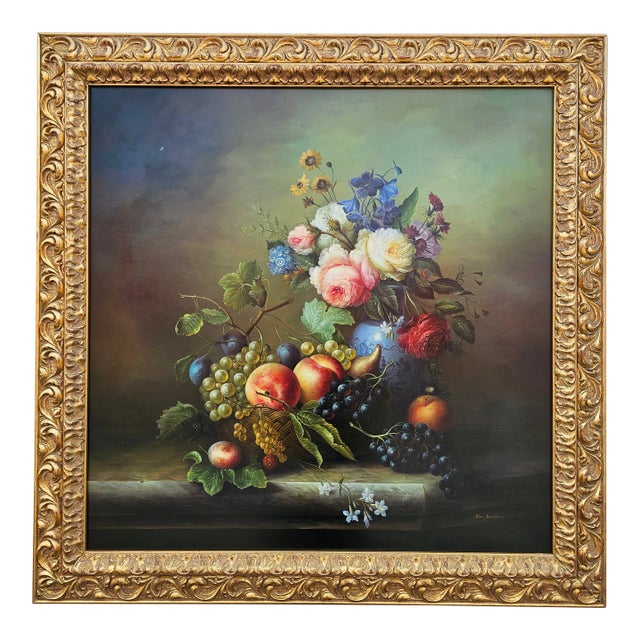 Large Ron Benson Signed Still Life Oil Painting - Floral & Fruit - Ornate Gilt Frame 40×40 For Sale