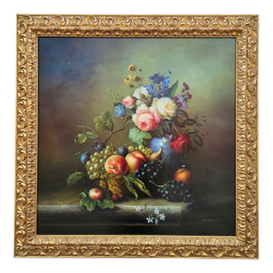 Large Ron Benson Signed Still Life Oil Painting - Floral & Fruit - Ornate Gilt Frame 40×40