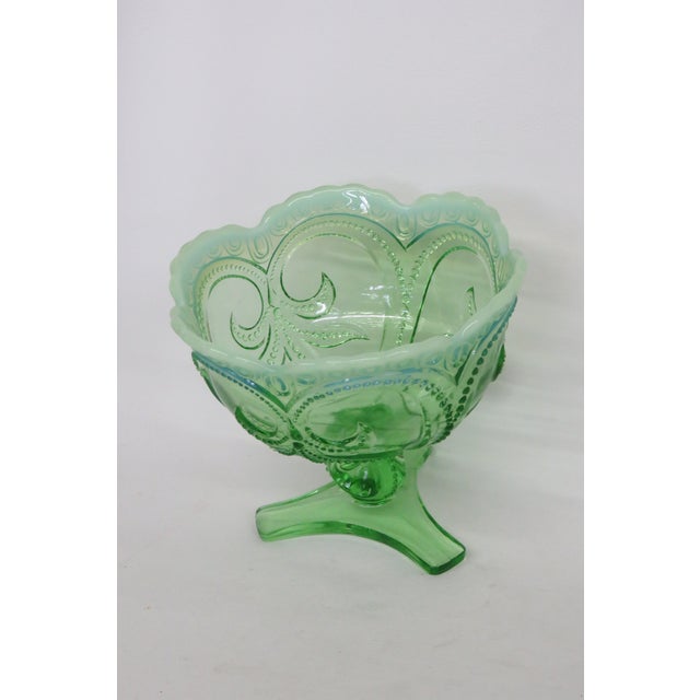 Mid 20th Century Jefferson Glass Beaded Fleur De Lis Green Opalescent Candy Compote Bowl 4568b For Sale - Image 5 of 18