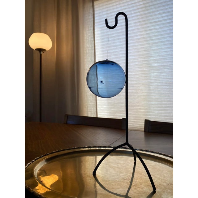 Handblown blue glass hanging sphere ornament with very fine internal glass filaments. Engraved "TS" for Timo Sarpaneva...