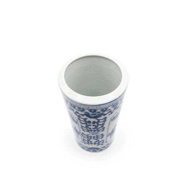 Mid 20th Century Vintage Blue & White Porcelain Crane & Scholar Cylinder Vase For Sale - Image 5 of 6