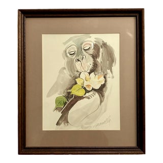 Signed Original Art Deco Vintage 1940s Watercolor Painting Monkey / 40s Animal Portrait Art For Sale