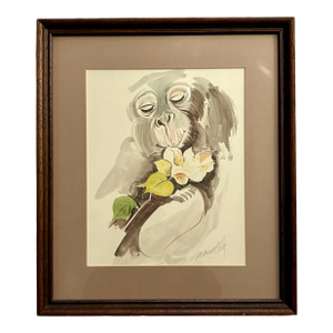 Signed Original Art Deco Vintage 1940s Watercolor Painting Monkey / 40s Animal Portrait Art