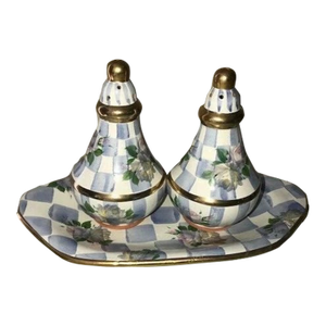 Mackenzie Childs Blue Morning Glory Honeymoon Salt Pepper Shakers & Under Plate