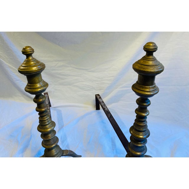 Antique Edwardian Turned Brass Andirons Cast Iron Stands For Sale In Dallas - Image 6 of 7