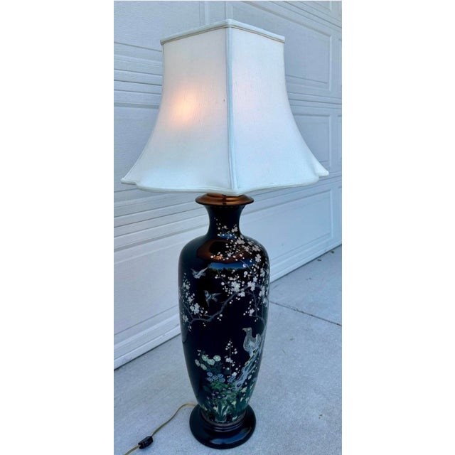 Late 19th Century Huge Meiji Japanese Cloisonné Black Ground Bird & Blossom Tall Table Lamp 40" For Sale - Image 17 of 18
