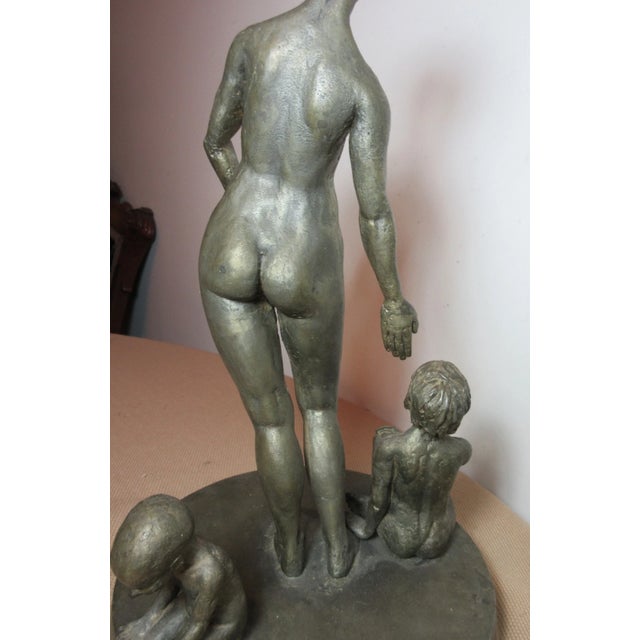 Vintage Original Handmade Signed Solid Lead Nude Lady Mom Children Figure Statue For Sale In New York - Image 6 of 12