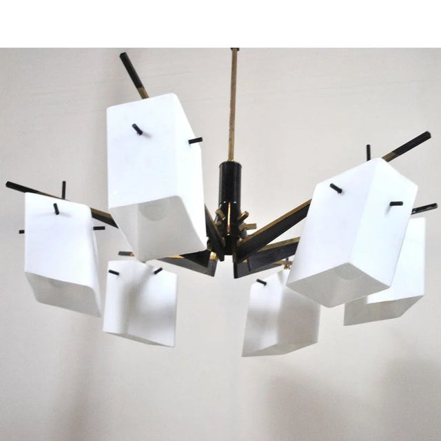 Mid-Century Modern Brass, Wood, and Opaline Glass Pendant Lamp by Stilux, 1960s For Sale - Image 3 of 14