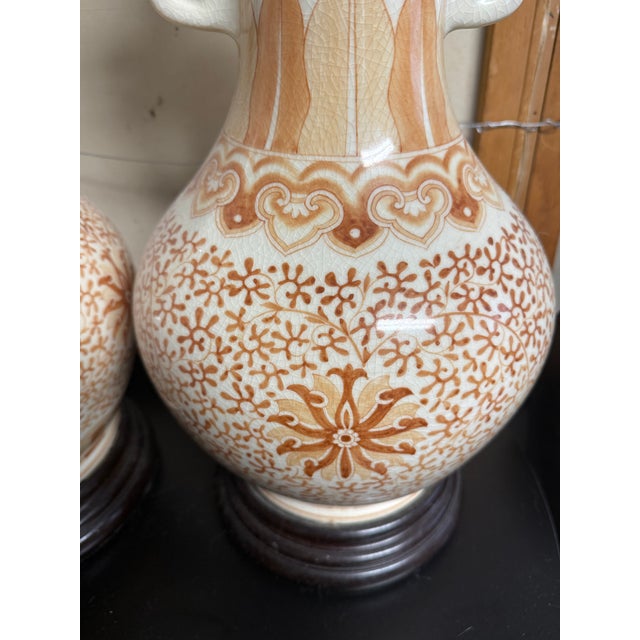 Pair of Large Vintage Crackle Glaze Porcelain Table Lamps With Brass Accents For Sale - Image 10 of 11