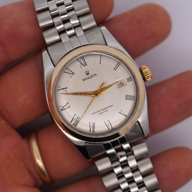 Vintage Rolex Oyster Perpetual Date Two-Tone Steel & Gold Jubilee Bracelet Watch For Sale - Image 9 of 9