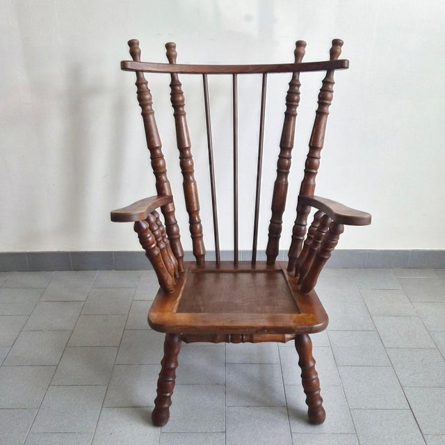 Brutalist Vintage Brutalist Oak Armchairs with Spools, 1970s, Set of 2 For Sale - Image 3 of 17