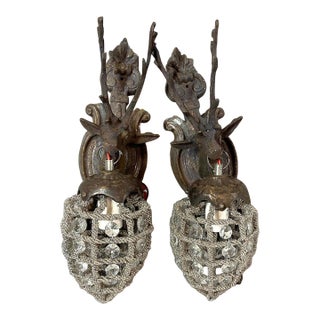 Late 20th Century French Louis XVI Charcoal Bronze Deer Wall Lamps / Sconces - a Pair For Sale