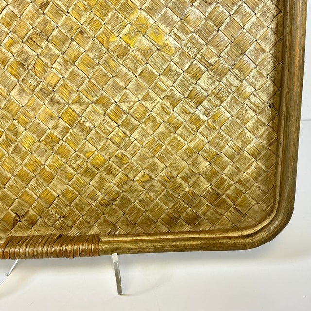 Mid-Century Boho Chic Coastal Gold Gilt Washed Wicker and Bentwood Tray For Sale - Image 9 of 15