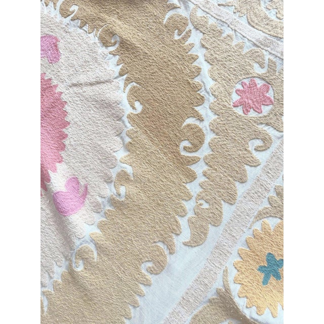 1960s Suzani Tribal Textile - Neutral Tan Uzbek Tablecloth, 3'11'' X 4'6'' For Sale - Image 5 of 9