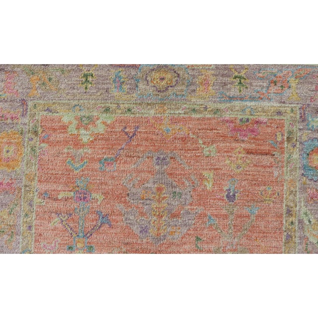 Hand Knotted Turkish Floral Oushak With Orange Background and Lilac Border 4'0 X 6'0 For Sale - Image 4 of 11