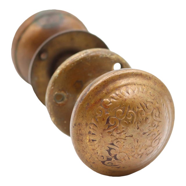 Antique Vernacular Reading Brass Passage Door Knob Set For Sale
