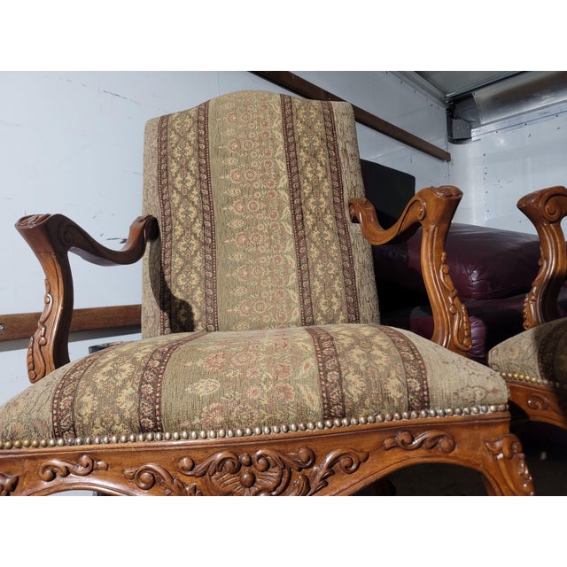 French Provincial Pair of Ornately Carved Wood Framed Armchairs - Vintage For Sale - Image 3 of 11