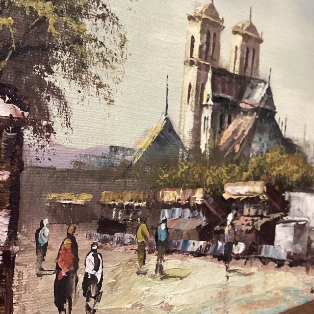Wood Mid 20th Century Paris City Landscape Market Scenes Oil Painting on Canvas Signed Framed For Sale - Image 7 of 12