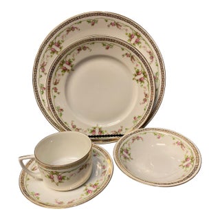 1940s Selb Mz Austria Depose' Pink Rose With Gold Greek Key Border- 5 Pieces For Sale