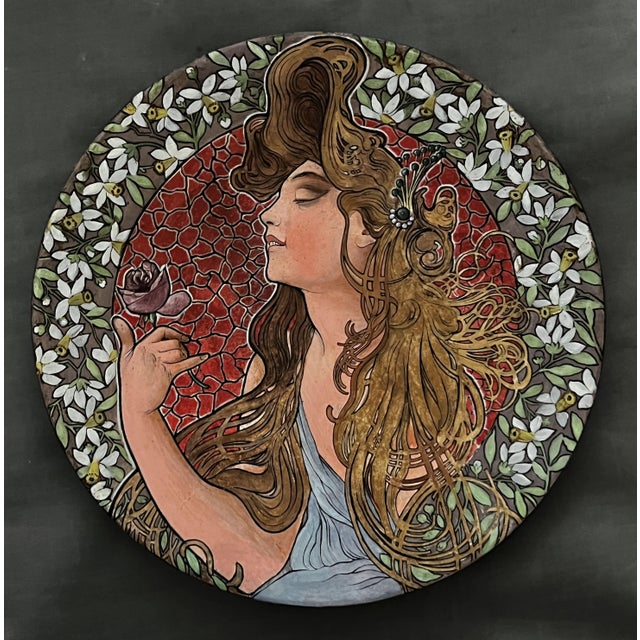 Art Nouveau Painted Terracotta Plate in the style of Alphonse Mucha, 1920s For Sale - Image 6 of 11