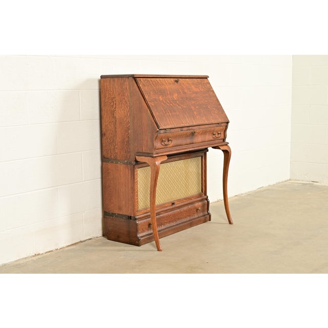 Mission Globe Wernicke Antique Mission Oak Arts & Crafts Slant Front Secretary Desk With Barrister Bookcase, Circa 1910 For Sale - Image 3 of 16
