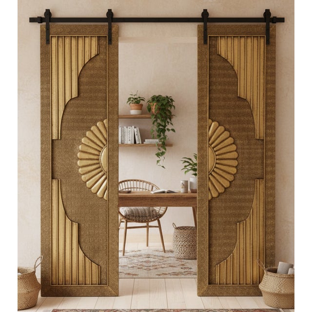 Vintage Brass-Clad Hand-Carved Sliding Barn Door With Artisan Detailing 80x48 For Sale In Orlando - Image 6 of 8