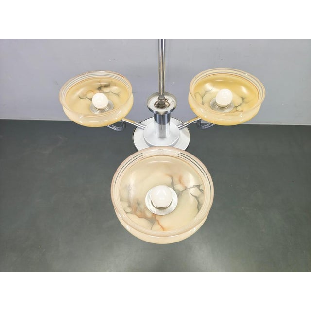 Metal Art Deco Chandelier from Napako in Chrome & Marble Glass, 1930s For Sale - Image 7 of 15