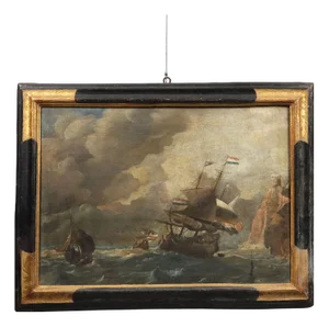 Dutch School, Stormy Sea with Sailing Ships, 18th Century, Oil on Canvas, Framed