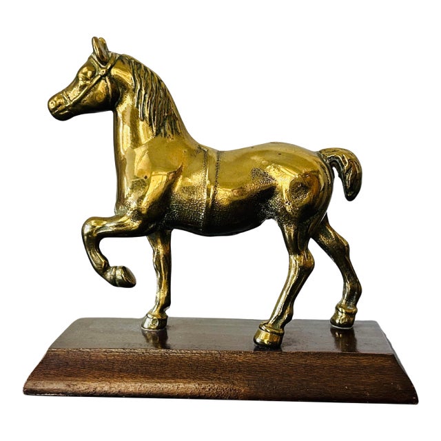 Vintage Solid Brass Prancing Horse Sculpture on Wood Pedestal Base – Mid-Century Modern Equestrian Decor For Sale