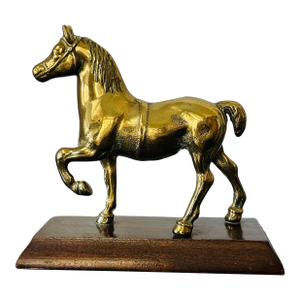 Vintage Solid Brass Prancing Horse Sculpture on Wood Pedestal Base – Mid-Century Modern Equestrian Decor