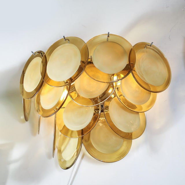 Pair of Modernist 14-Disc Sconces in Hand-Blown Murano Topaz Glass For Sale - Image 14 of 15