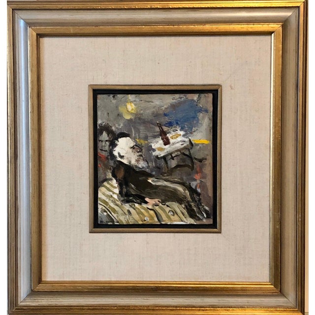 Expressionism Zvi MilshteinFrench Israeli Surrealist Judaica Jewish Oil Painting Rabbi at Table, Bottle, c.1960s For Sale - Image 3 of 4