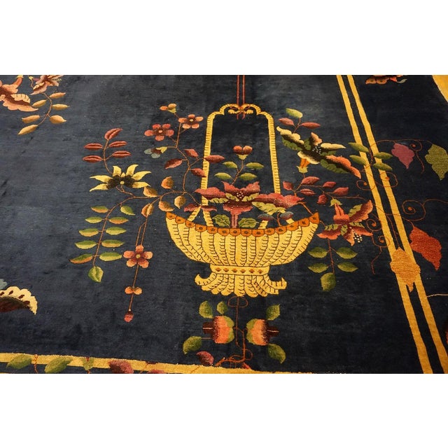 Beautiful Botanical Pattern With Navy Background Color Antique Chinese Art Deco Rug For Sale - Image 12 of 12