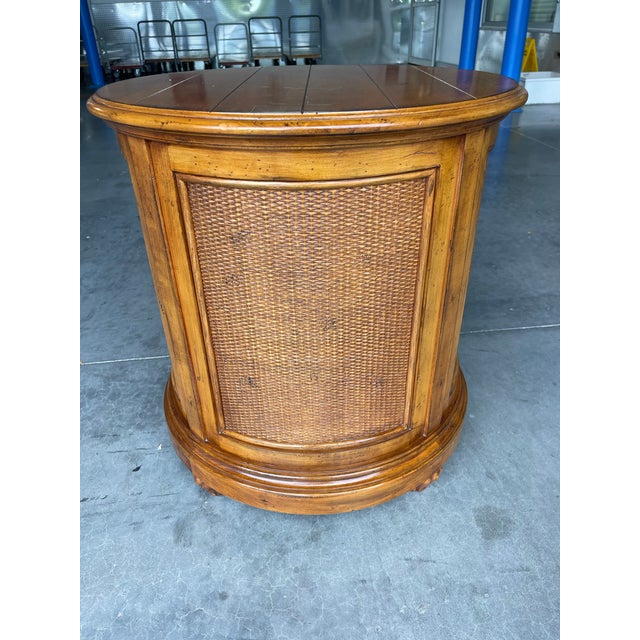 Late 20th Century Vintage Lexington Tommy Bahama Drum Table With Rattan & Louvered Door For Sale - Image 5 of 10