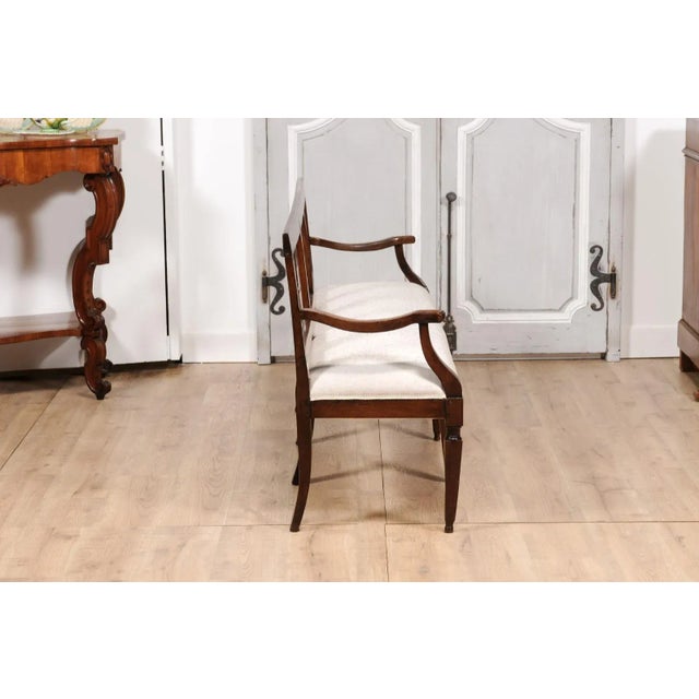Wood Italian 19th Century Walnut Three-Seater Bench with Carved Splats and Upholstery For Sale - Image 7 of 11