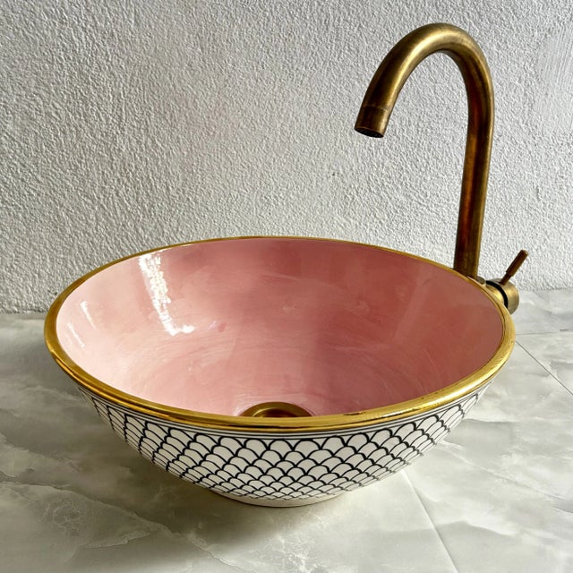 Metal White & Pink Ceramic Sink With 14k Gold Rim Vessel Round Sink Bowl With Drain For Sale - Image 7 of 7