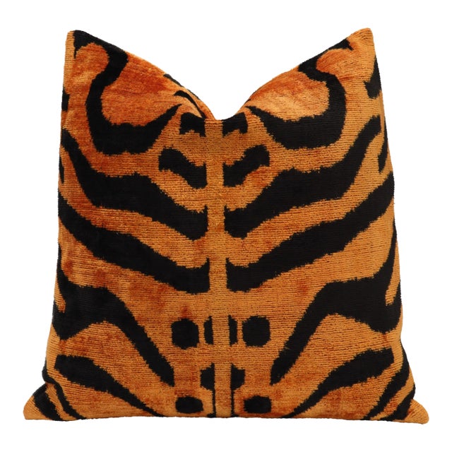 Contemporary Handmade Velvet Tiger Print Orange Throw Pillow & Down Feather Insert For Sale