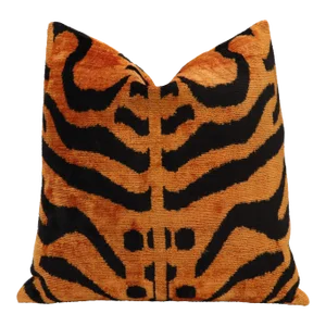 Contemporary Handmade Velvet Tiger Print Orange Throw Pillow & Down Feather Insert