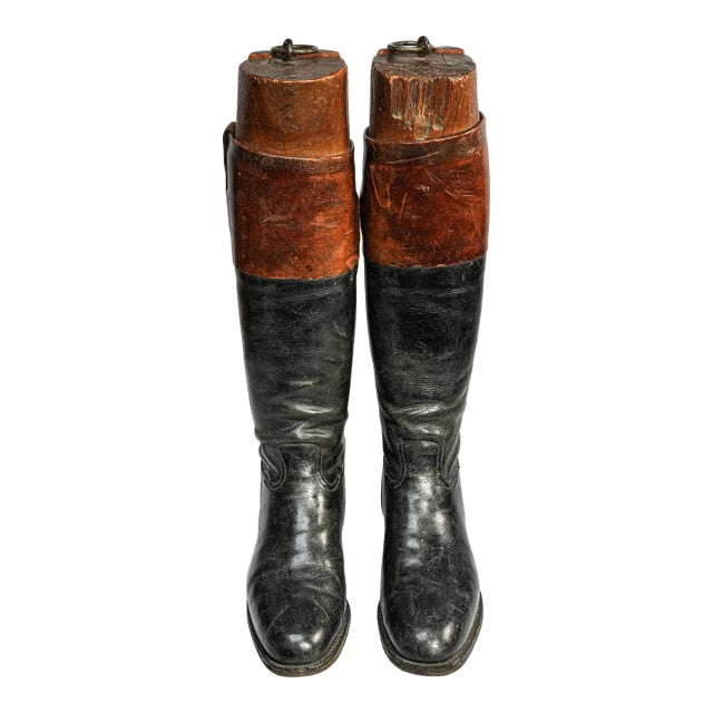 Authentic Brown & Black Antique English Leather Riding Boots Wood Tree Forms Horse Equestrian Country Home Decor Prop For Sale