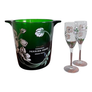 Vintage Perrier Jouet Blown Glass Hand-Painted Champagne Chiller & Flute Set- 3 Pieces For Sale