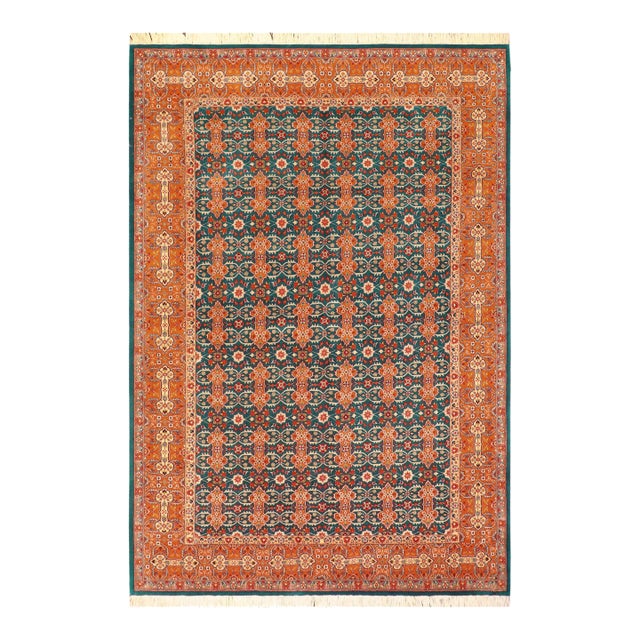Shabby Chic 1990's Pak-Persian Teal/Orange Wool Rug - 6'3'' X 9'3'' For Sale